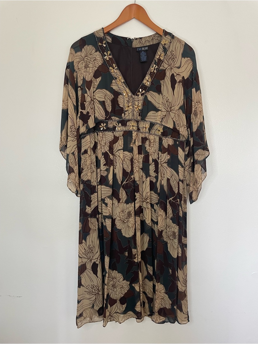 Vintage Floral Print Long Sleeve Midi Dress Beige and Dark Teal Boho Y2K Sz 14